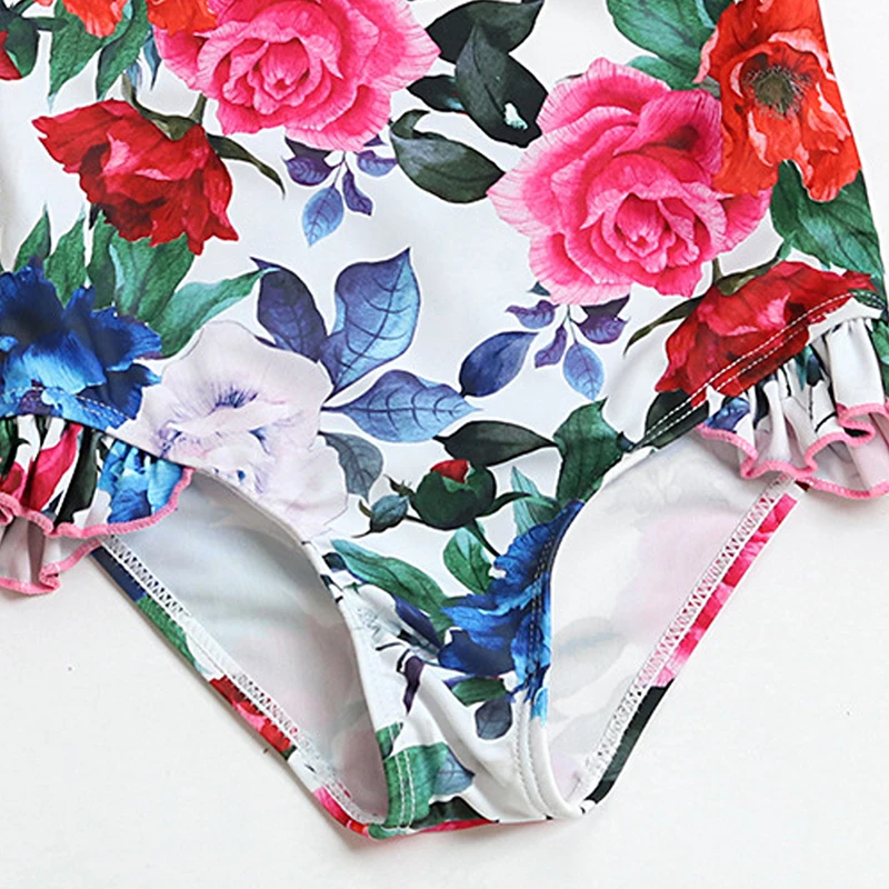 

Girls Flowers Print Swimsuits 2021 New Summer Kids Rufles Swimwear Children One-piece Beach Bathing Bikini Clothing 3-7Y