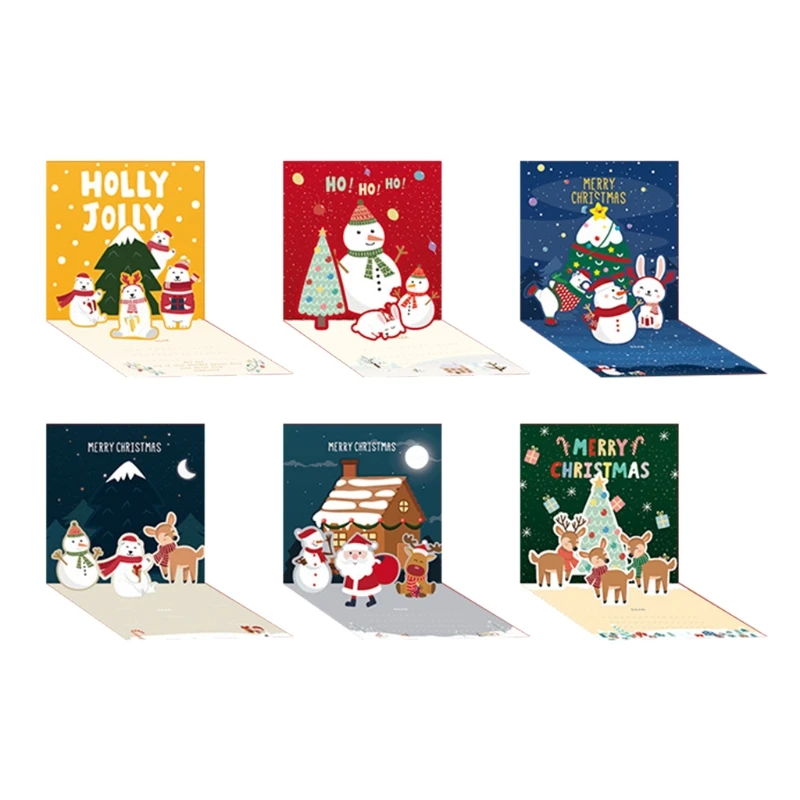 

6pcs/set 3D Pop-Up Christmas Cards Handmade Holiday Xmas Greeting Card with Envelopes Stickers for New Year Party