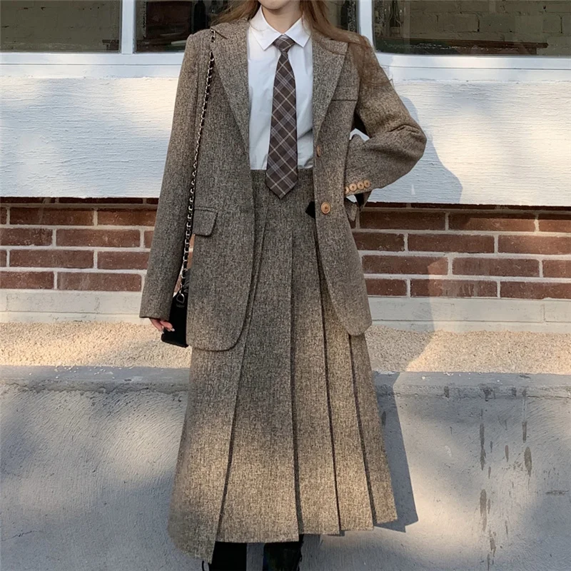 Sungtin Preppy Style Woolen Women Pleated Skirt and Blazer 2 Piece Set Korean Kawaii Suit Female Cute JK Warm |