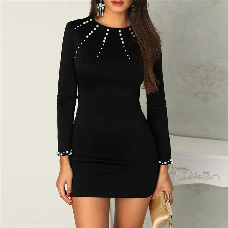 Женское однотонное платье пуловер с круглым вырезом и длинным рукавом|Женские