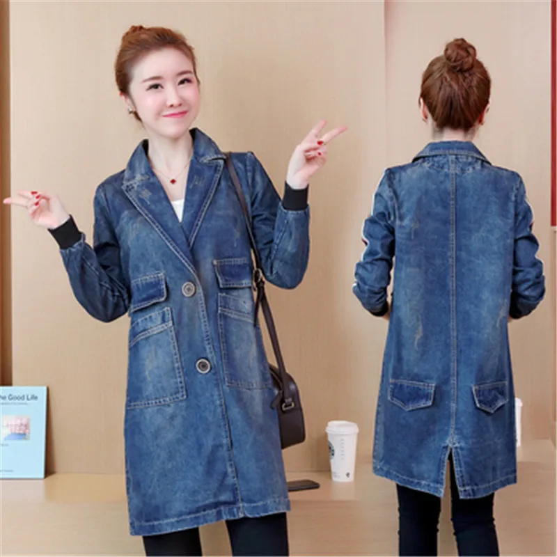 Новинка 2019 Модное Длинное джинсовое пальто для женщин весна-осень большой размер