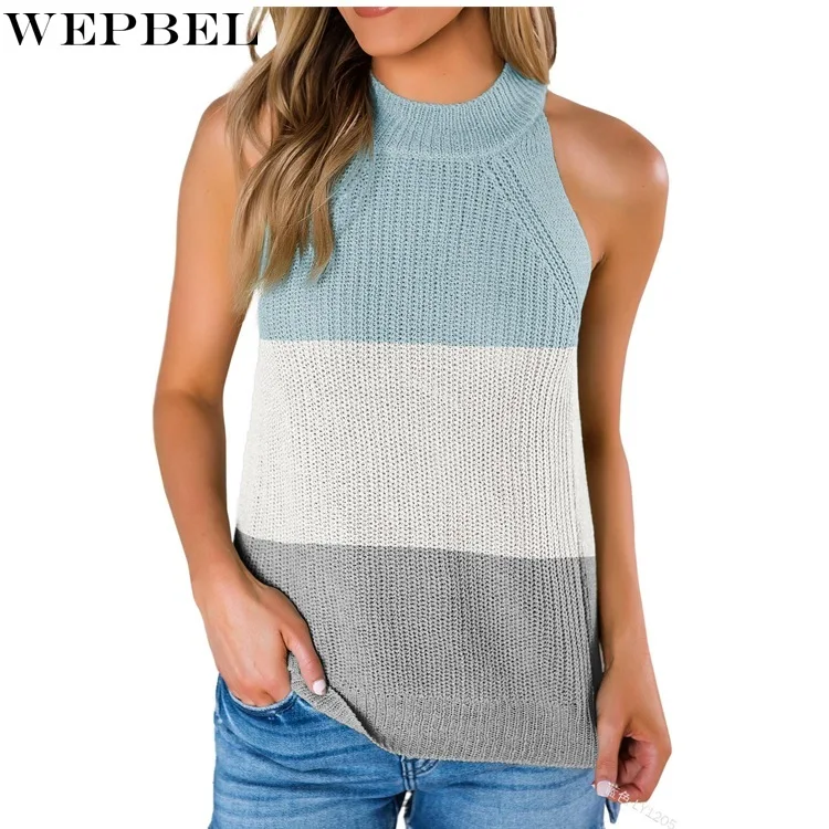 

WEPBEL Sweater Vest Women's Casual Gradient Stitching Loose Vest Summer Fashion O-Neck Sleeveless Pullover Sweater