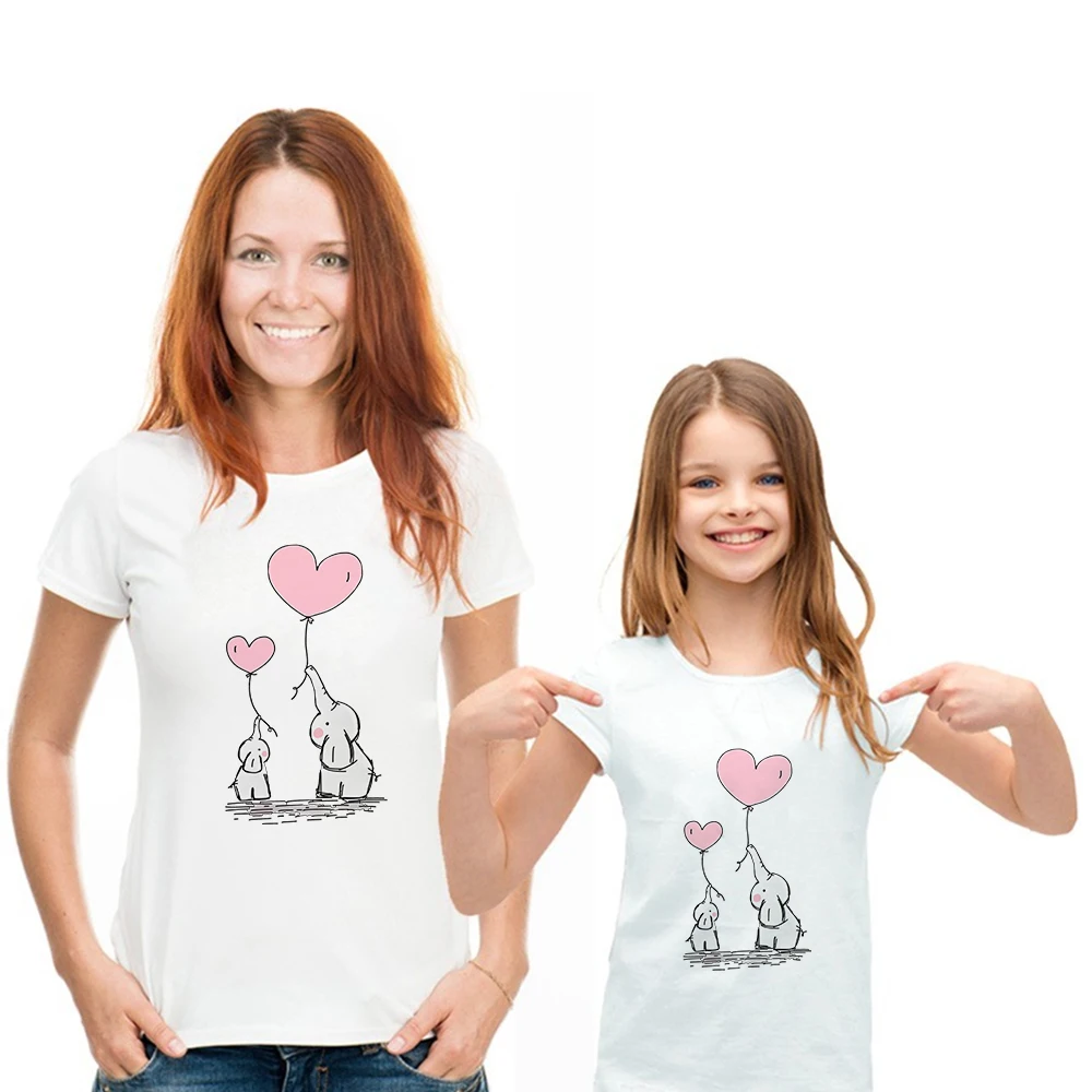 

Tshirt Mother And Daughter Casual Print Elephant Short Sleeve O-Neck T-shirt Harajuku Camiseta Mujer Family Look Comfortable