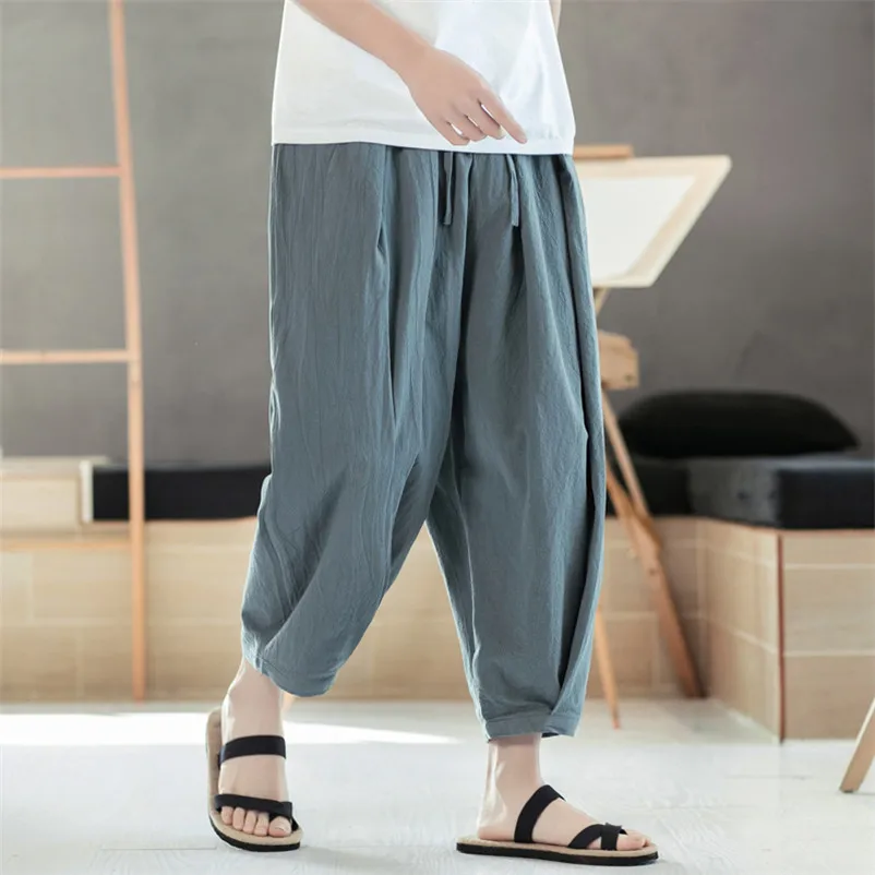 

Plus Size Man Cotton Linen Cropped Cross Pants 2022 Summer Male Casual Wide-Leg Pants Ankle-Length Bloomers Trousers M-6XL 7XL