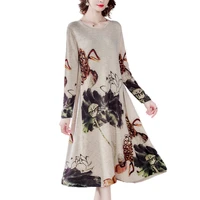 winter knitting ink print women medium length wool dress long sleeve temperament vintage vestidos midi elegantes dresses