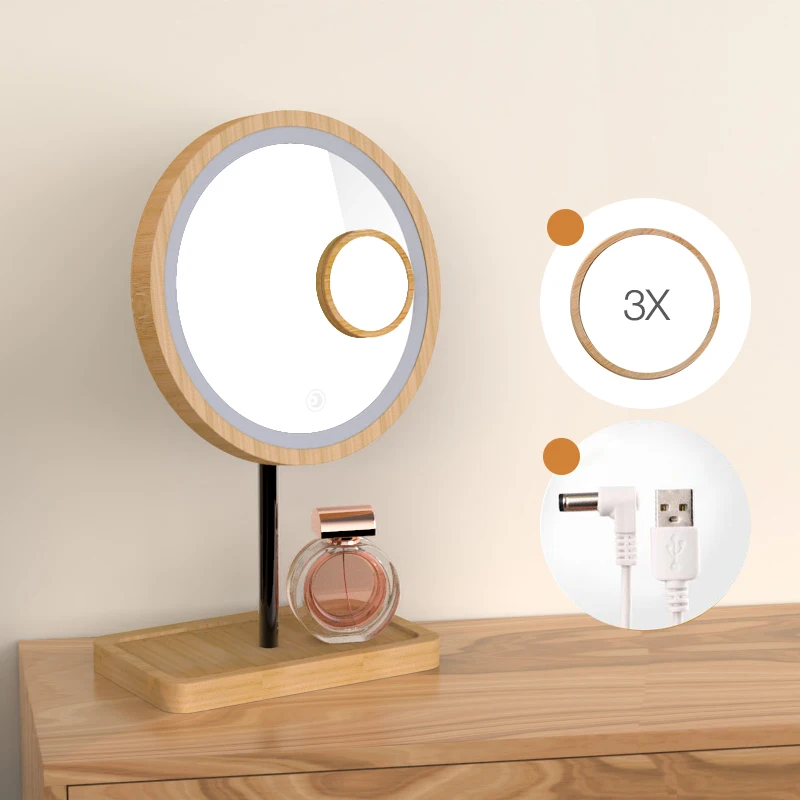 TricolorLight With3X Деревянный Настольный светодиодный зеркало для макияжа 3X увеличительное usb зарядка Регулируемый яркий рассеянный светильник с сенсорным экраном красивые зеркала - Цвет: TricolorLight With3X
