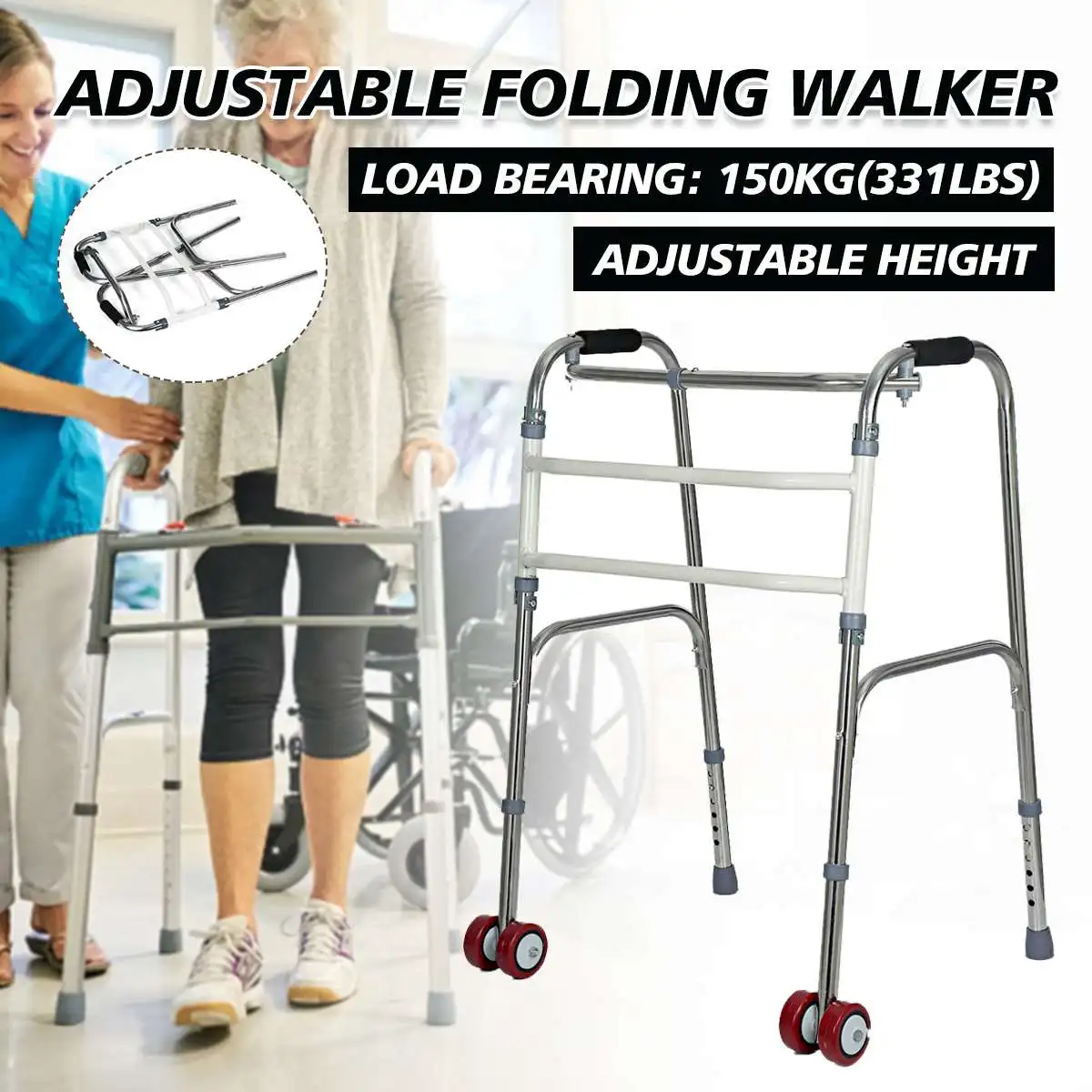 

Elderly Foldable Walker Adjustable Height Walking Stick with Wheels For Disabled Mobility Walking Aids Walking Training Tool