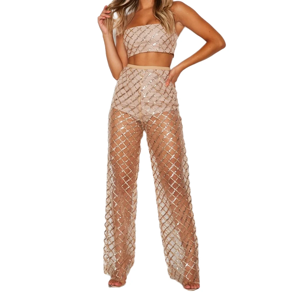 

1 PC Sexy Transparent Trousers Female Perspective Pants Solid High Waist Hollow-out Full-Length Pants