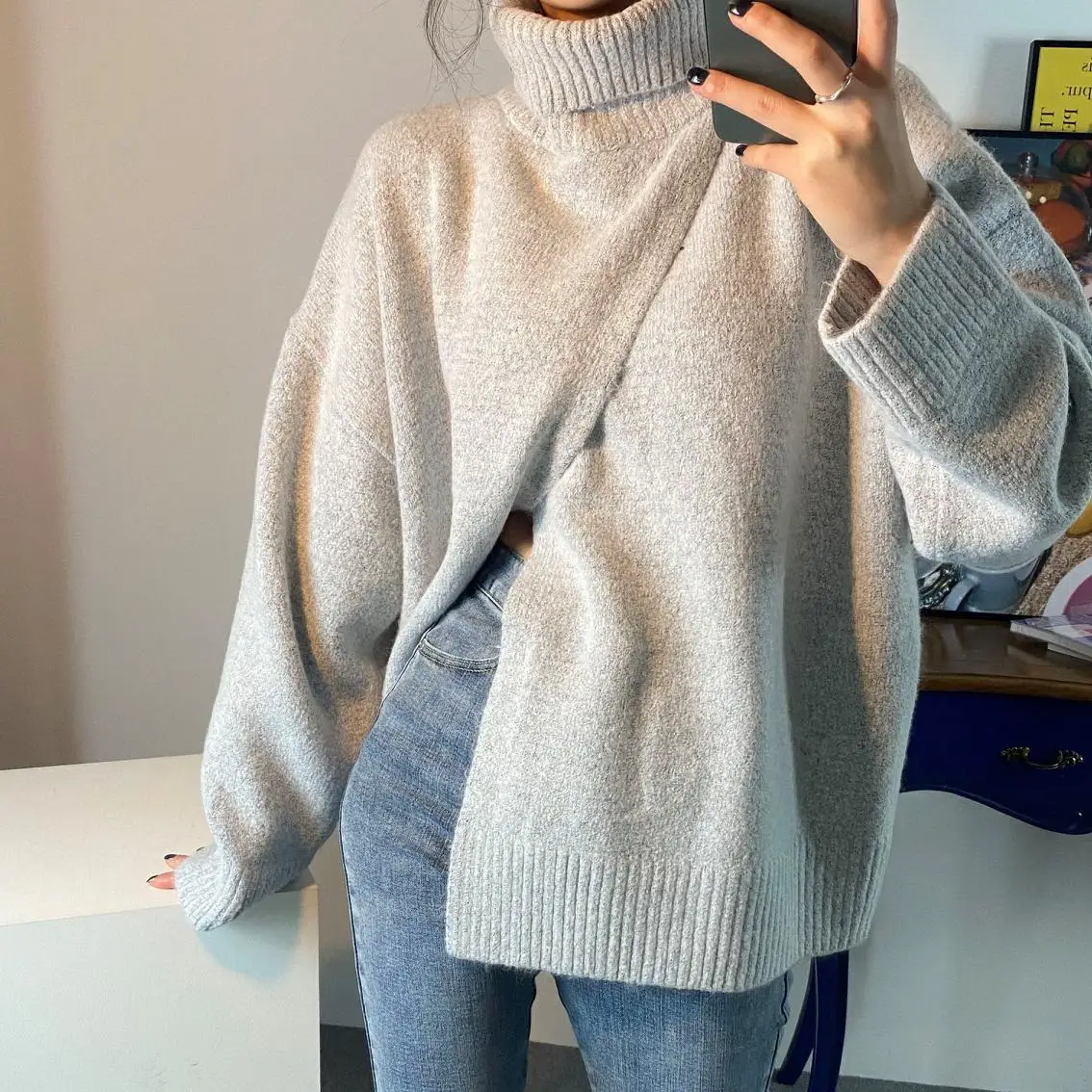 Женский вязаный свитер с разрезом винтажный теплый элегантный пуловер