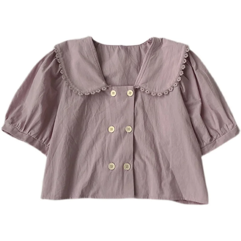 

Kimutomo Solid Double-breasted Blouse Summer 2021 New Peter Pan Collar Puff Short-sleeved Shirt Female Slim Elegant Tops