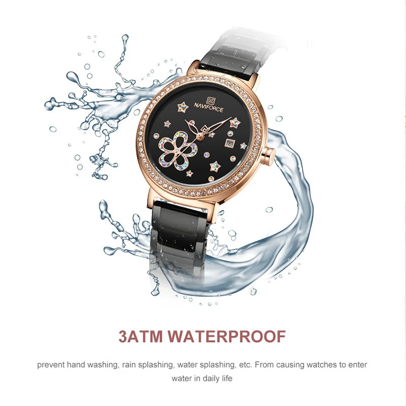 

NAVIFORCE Most Popular Watch For Women Fashion Sport With Diamonds Rose Gold Black Stainless Steel Quartz Calendar Wrist Watch
