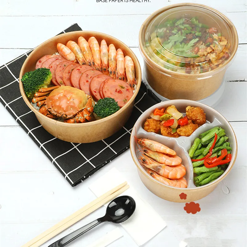 

50pcs Disposable kraft paper bowl round takeaway packaging salad fruit food container1000ml large lunch boxes dessert box