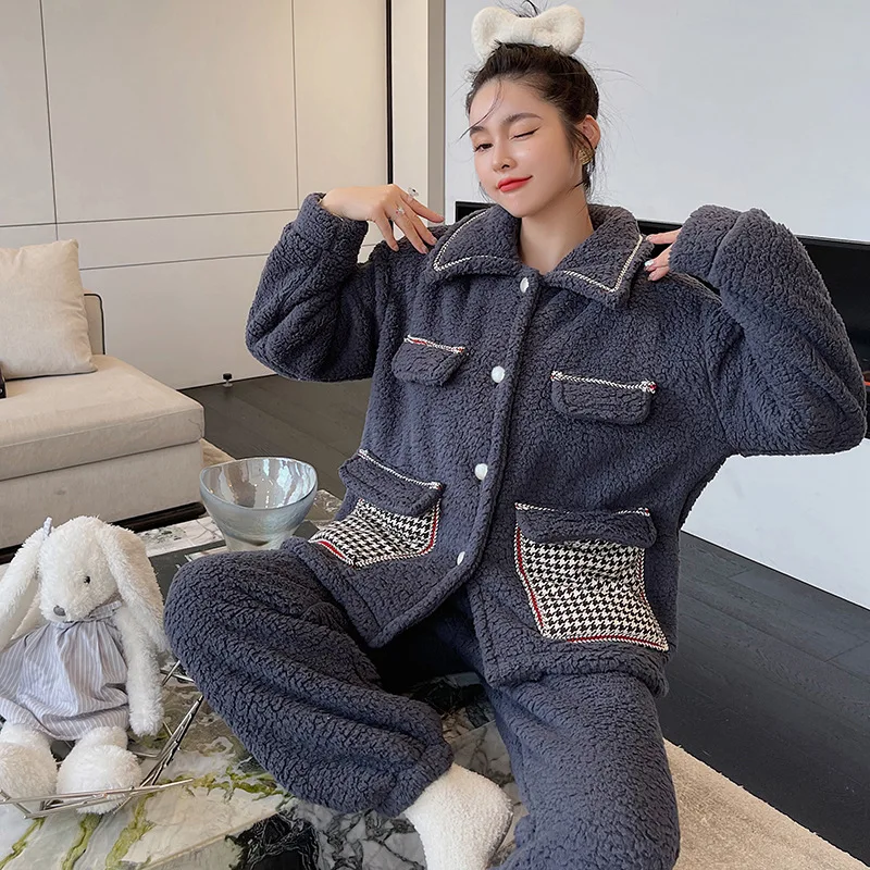 

Lapel Sleepwear Female Winter Flannel Pajamas Trim 2PCS Shirt&Pants Suit Button-down Nightwear Warm Thicken Pijamas Home Clothes