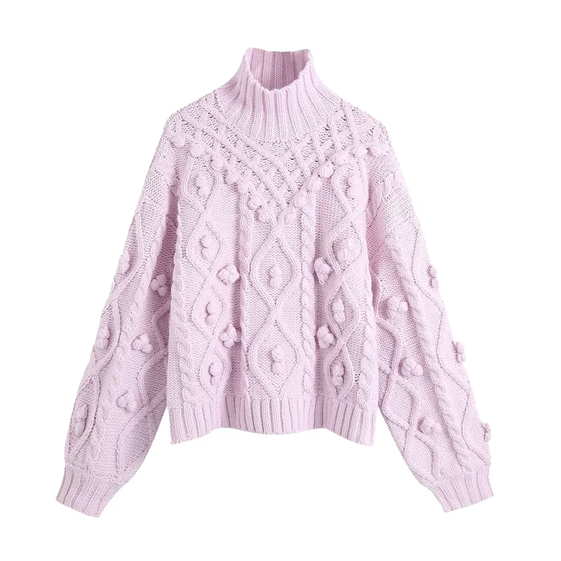 

Women 2021 Fashion Knitted Sweater DA Pompoms Loose Vintage High Neck Long Sleeve Female Pullovers Chic Tops Korean Jumpers