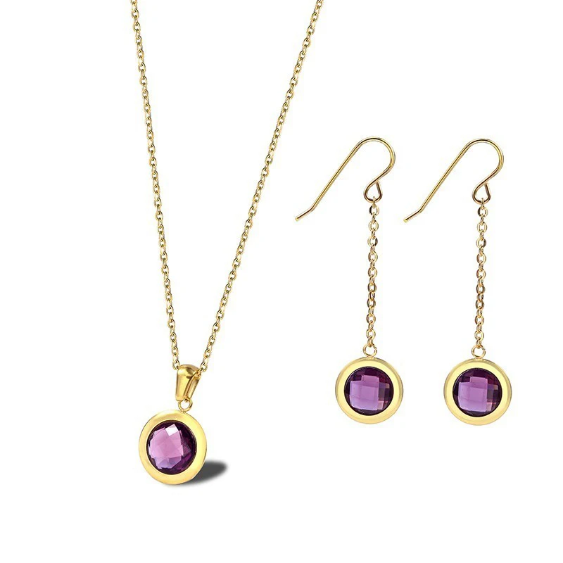 Женские круглые серьги и кулон RIR из нержавеющей стали с фиолетовым кристаллом