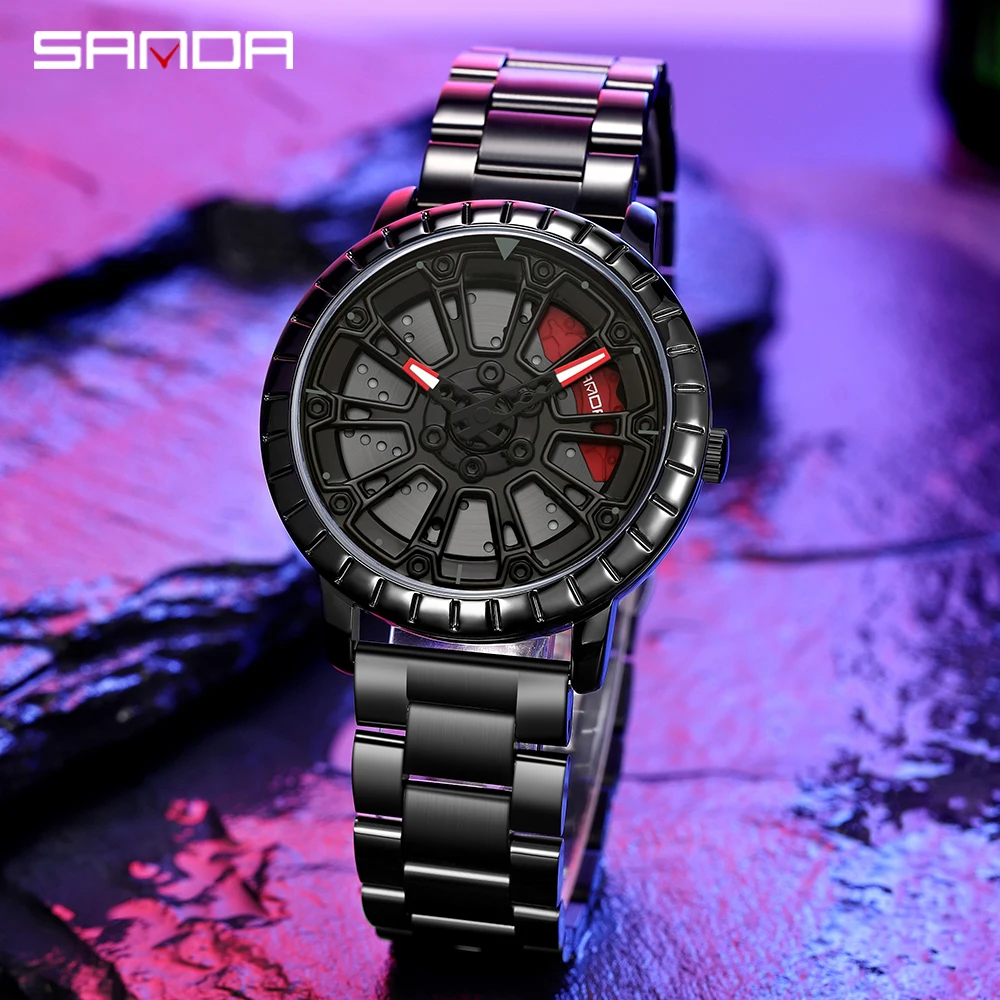 

SANDA Fashion Men Watch Creative Custom Design Rotating Dial Watches Waterproof Quartz Rim Hub Wristwatch relogio masculino 1058