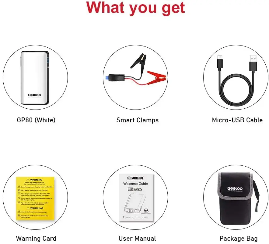 

Quick Charge in & Out, GOOLOO 500A Peak SuperSafe Car Jump Starter (Up to 4.5L Gas) Portable Power Pack 12V Auto Battery Booster