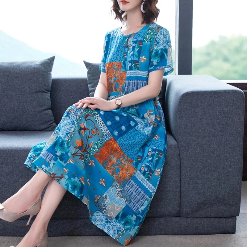 

Summer Casual Loose Print Cotton Linen Dress Women Blue Vintage M-2XL Plus Size Elegant Sundress high quality Party Vestidos