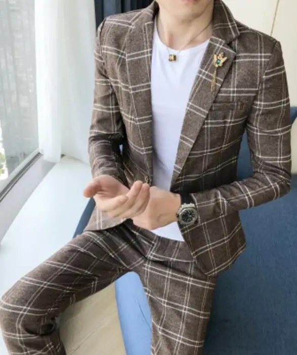 khaki Клетчатые мужские костюмы, блейзеры, официальные винтажные костюмы со штанами, комплект из двух предметов, Британский мужской смокинг, приталенный, Деловой, Повседневный, офисная одежда - Цвет: khaki