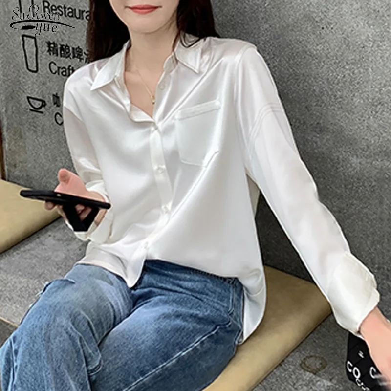 

2022Autumn Acetate Satin White Long Sleeve Shirts Autumn Retro Black Elegant Casual Top Sweet Office Lady Women Blouses 16790