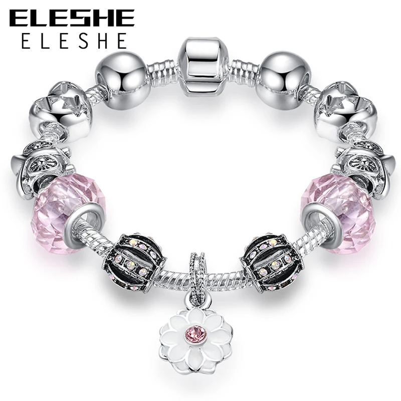 ELESHE 2 стиль цвет серебра талисман браслет с зеленым розовым стеклом клевер цветок