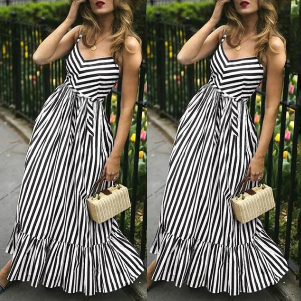 Весеннее женское платье в полоску без рукавов с v образным вырезом тонкое макси