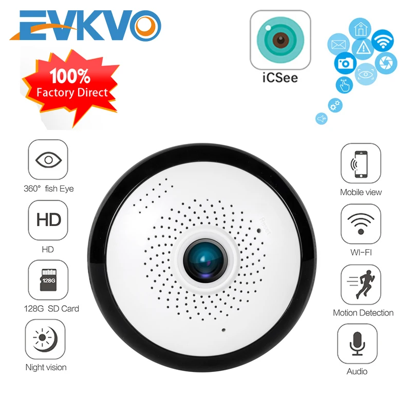 IP камера видеонаблюдения EVKVO ICsee 360 градусов рыбий глаз Wi Fi 1080P VR беспроводная
