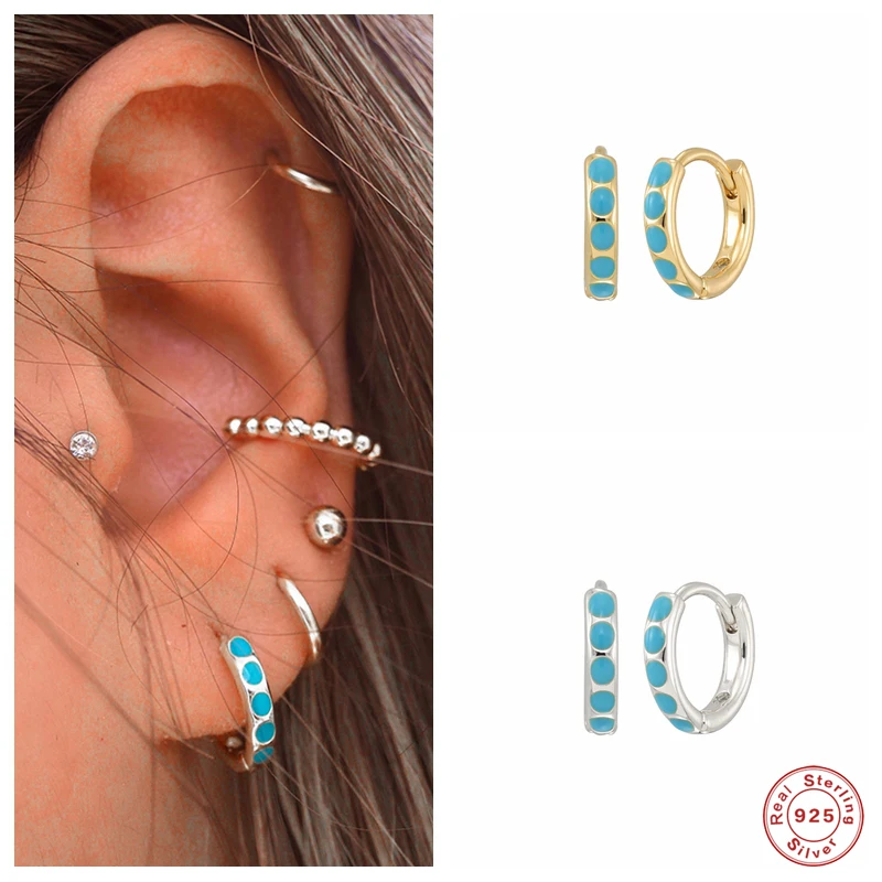 

GS 925 Sterling Silver Inside Crimped Set Turquoise Zircons Huggie Earrings For Women Boho Piercing Cartilage Hoops Jewelry