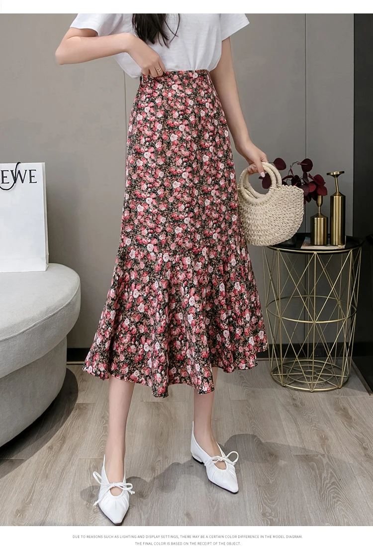 

High Waist Mermaid Chiffon Skirt Women Flower Print Skirt Womens Summer 2021 Women's Floral Skirts A Line Korean Style