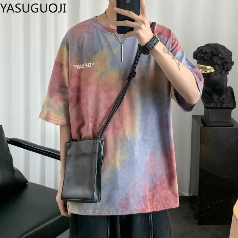 YASUGUOJI мужская Японская уличная одежда с краской для галстука футболка летняя в