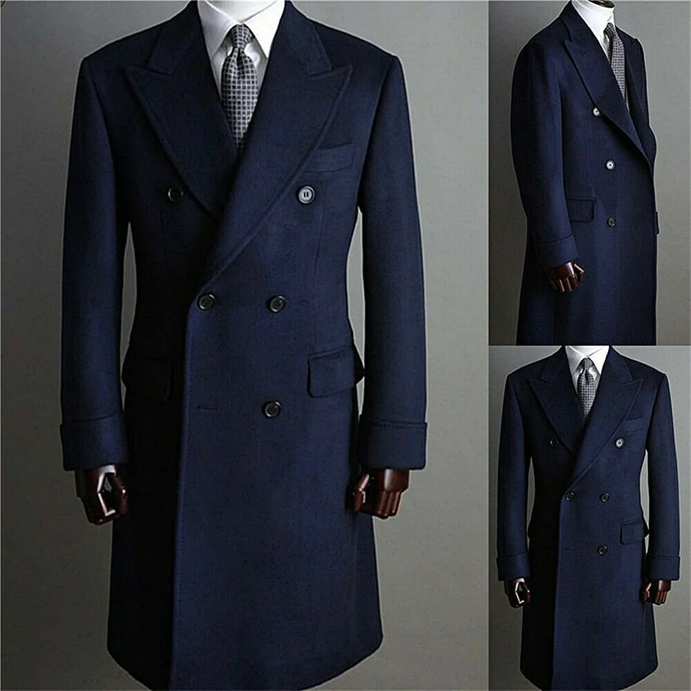 

Твидовое зимнее Однотонное шерстяное темно-синее длинное пальто, костюмы по индивидуальному заказу, облегающее плотное Мужское пальто для ...