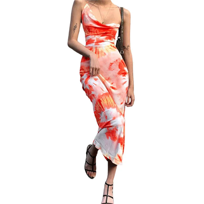 

Women Sexy Tie-dyed Printed Suspender Dress Sleeveless Boat Neck Backless Maxi Dress Summer Slim Long Dress For Dating/Party