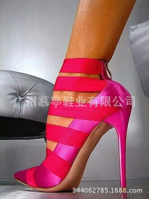 

Rose red silk pointed shallow mouth sexy multi elastic band fashion high heels