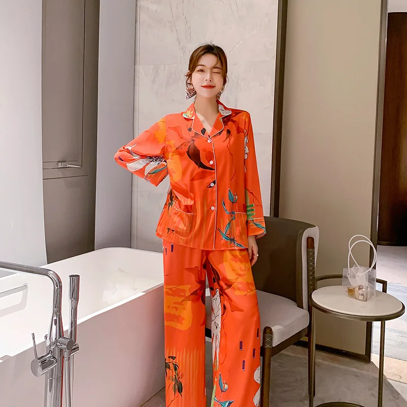 

FZSLCYIYI Summer Fashion Flower Printed Satin Women's Long Sleeve Pajamas Sleepwear Silk Like Homewear Nightwear