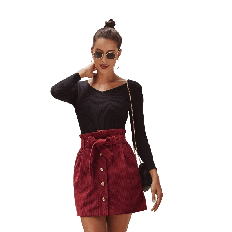 

Women Self Tie High Waist Corduroy Short Skirts Pocket Button Bow A-Line Skirt XX9D
