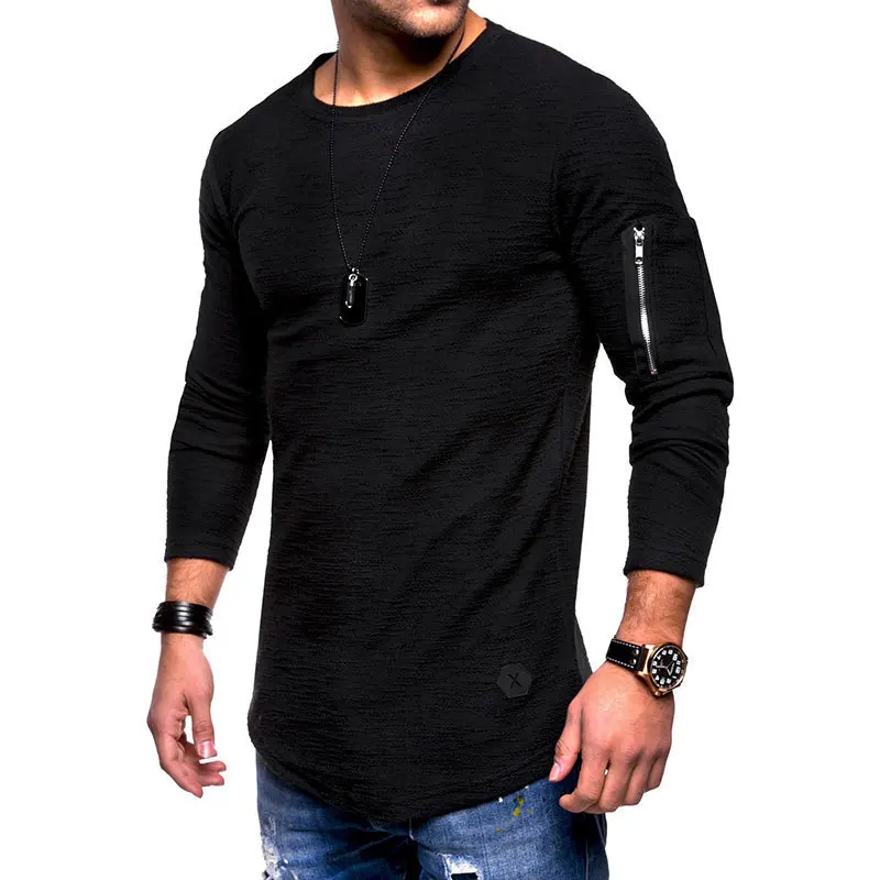 

2021 Fashion Leisure Fitness Hipster T-Shirt Long-Sleeve Pocket Zipper Patchwork O-Neck Street Top Solid Color Cotton T-Shirt