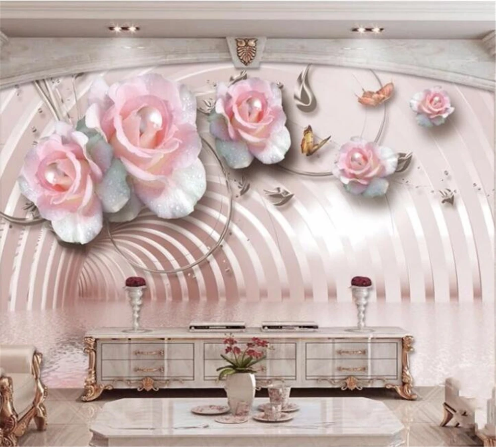 beibehang HD custom 3D wallpaper mural photo fashion crystal pearl rose butterfly romantic European home TV background wall |