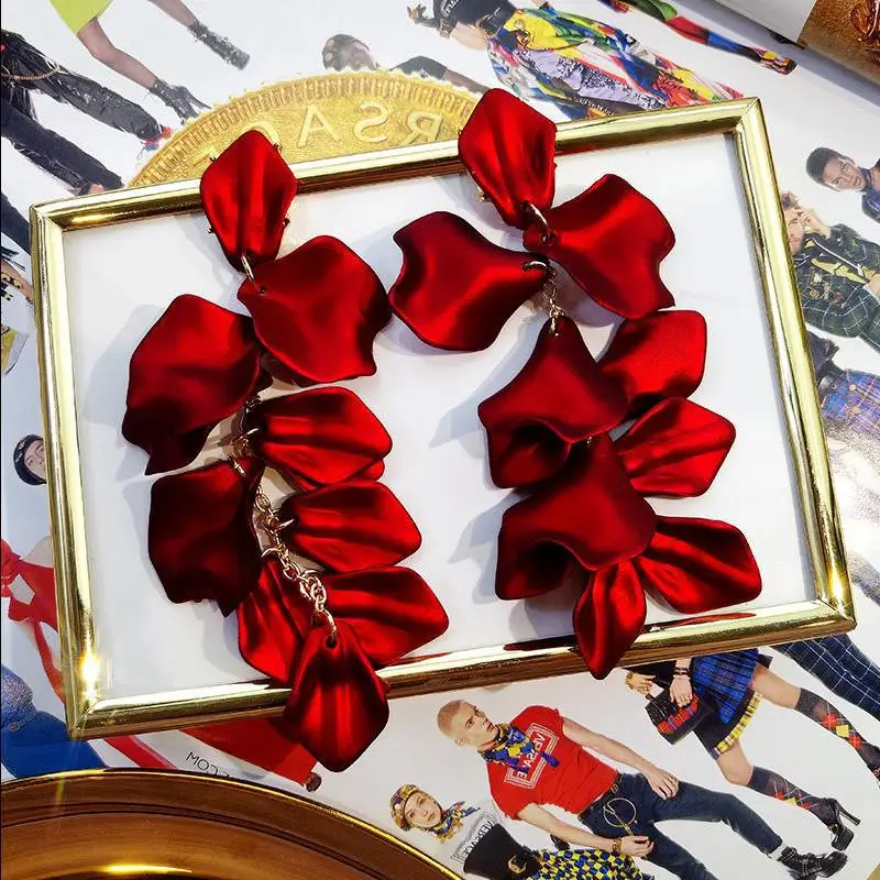 Женские серьги в виде лепестков розы серебро 925 пробы с длинными кисточками -