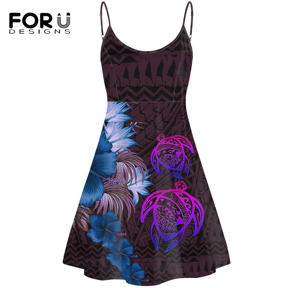 

FORUDESIGNS Sexy Slip Dress For Ladies Polynesian Style Turtle Hibiscus Printing Vintage Women Summer Beach Sleeveless Sundress