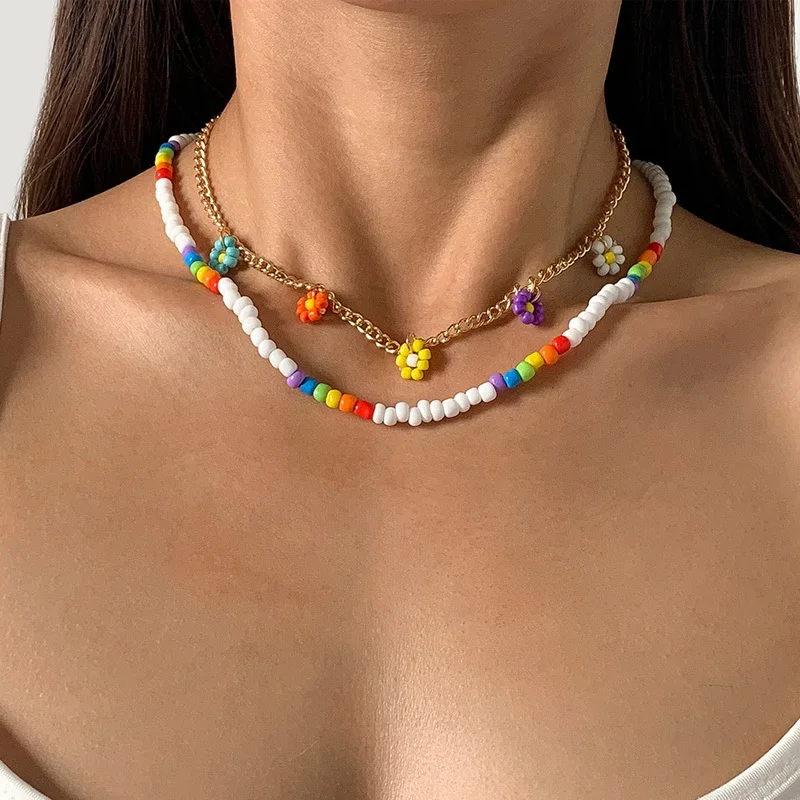 

Bohemian Style Fashion Knitted Beaded Multi-layer Necklaces Pendant Simple Daisy Girl Clavicle Sweater Chain Jewelry Accessories