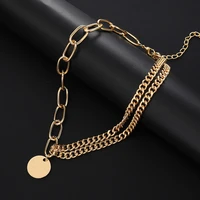 single and double chain stitching disc pendant necklace hollow chain neck vintage women girls jewelry accessories hip hop rock