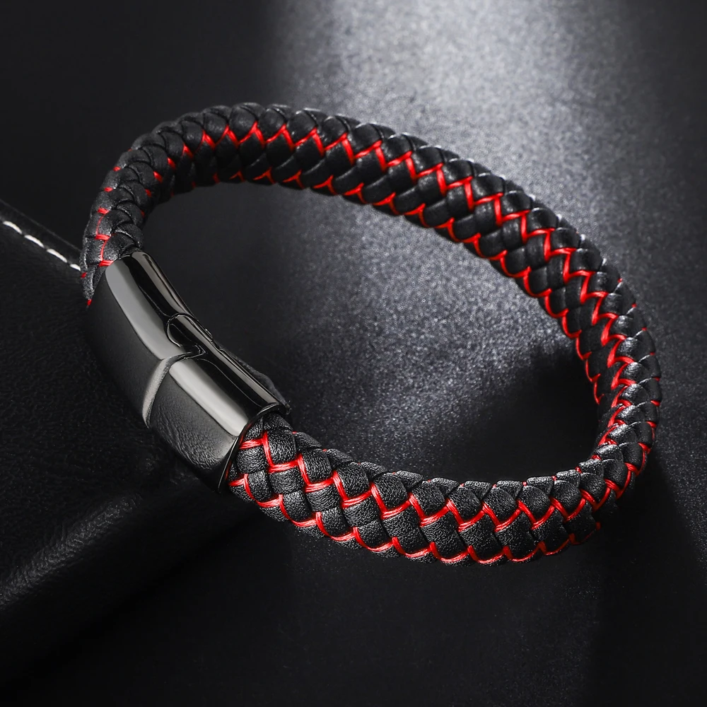 

Punk Braided Genuine Leather Bracelet for Men Women Jewelry Stainless Steel Magnetic Clasp Unisex Blue Red Birthday Gifts Couple