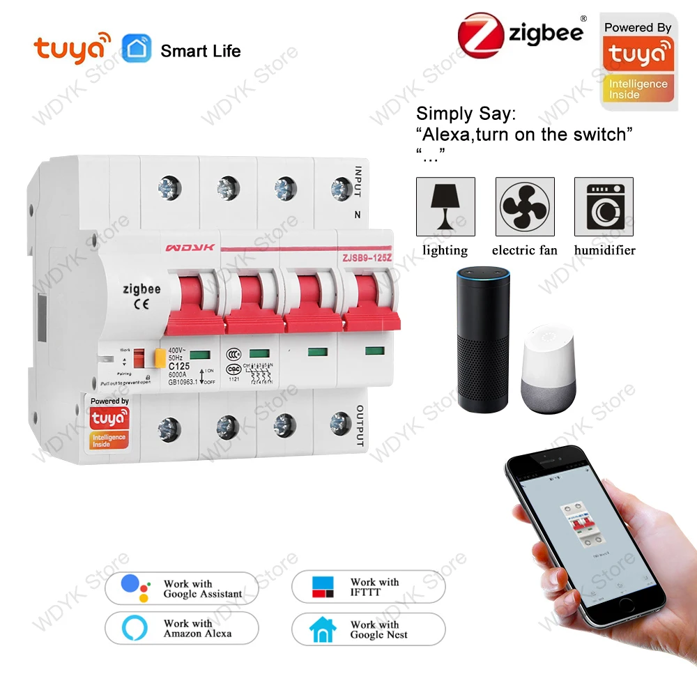 Умный автоматический выключатель Tuya zigbee 4P дистанционное управление без