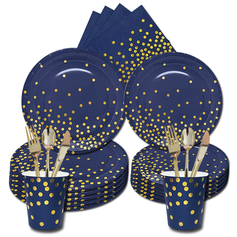 

8Guests Navy Blue Disposable Tableware Stamping Gold Dots Napkin/Cup/Plate Festival Party Decor Happy Birthday Party Decor Kids