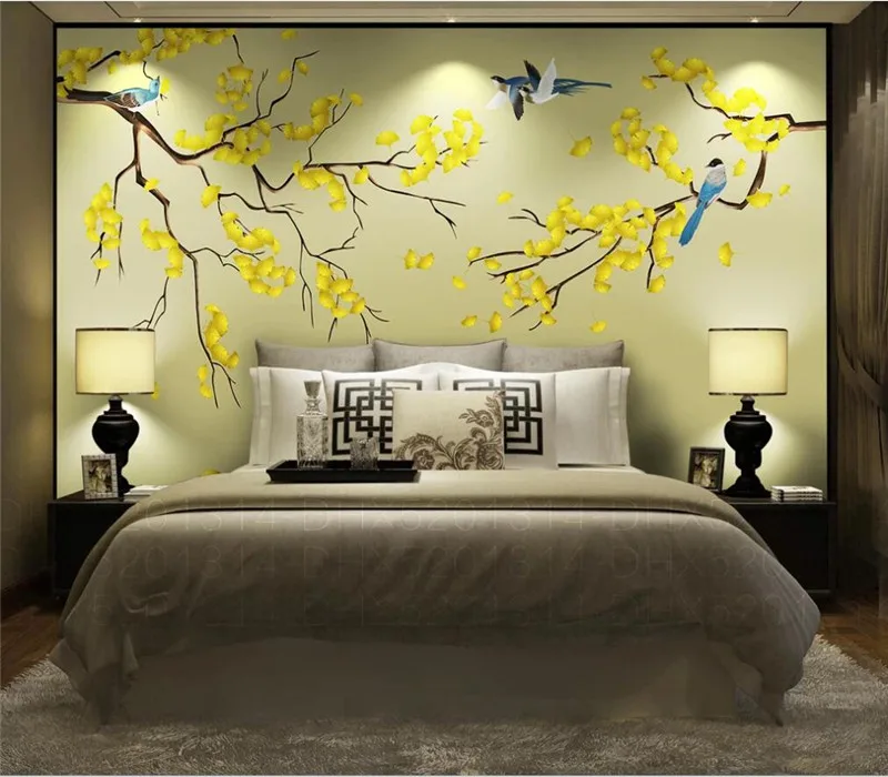 Настенные обои на заказ роспись ginkgo ручная цветы и птицы новый китайский фон