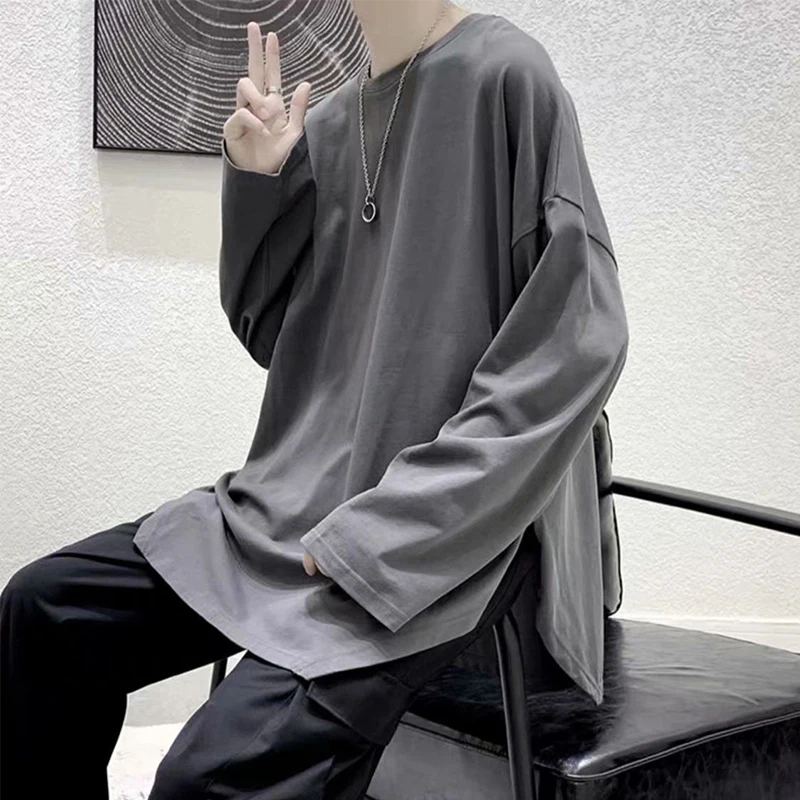 

Side Slit Irregular Solid Autumn Men Woman T Shirt Long Sleeve Overszied O Neck Cool Fashion Hot Sale Top 2021 Creative Clothing