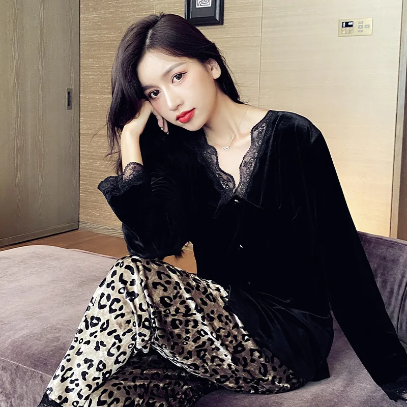 QWEEK Golden Velvet Pajamas for Women Leopard Pants Pijamas Winter Sleepwear Lace Nightwear Sexy Homewear Black Loungwear Suit