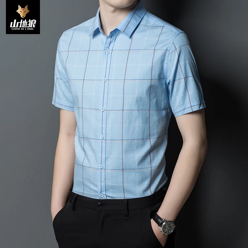 

Mountain Wolf men's summer new Plaid Lapel men's short sleeve shirt fashion business middle-aged shirt coat