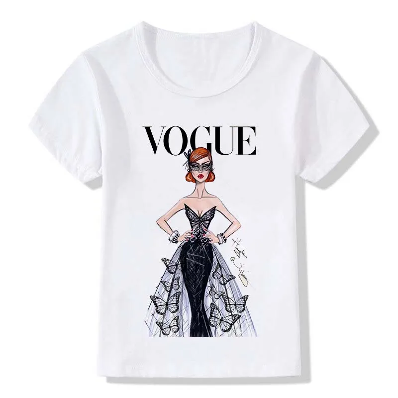 

New Funny Kawaii VOGUE Summer White Print T-Shirt Girls Clothes Birthday Custom Suitable for 4-9 Years Old Playful Pattern