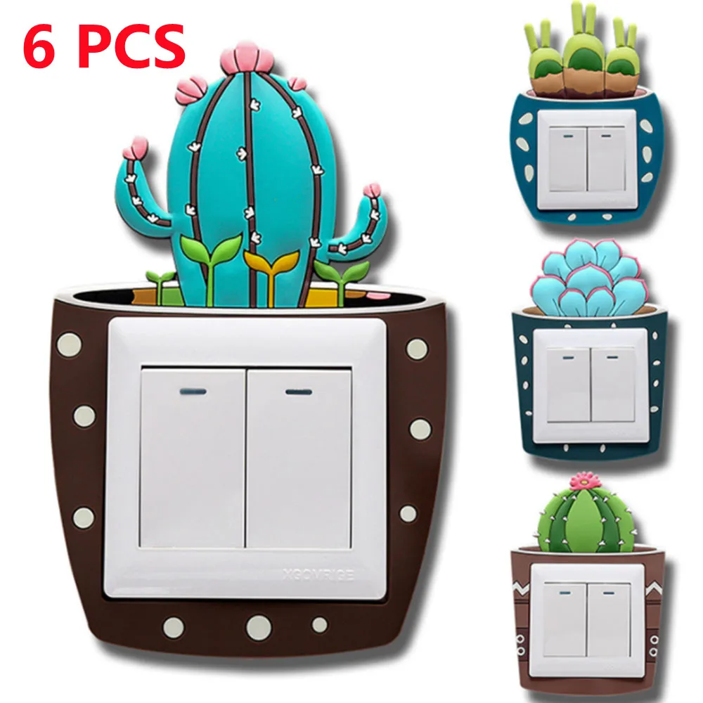 

6PCS Cartoon 3D Silicone On-off Switch stickers Fluorescent Luminous Cactus Wall Socket Sticker For Home Kids Bedroom Decoration